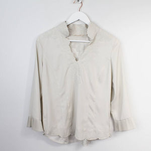 Soft Surroundings Silky Taupe Ivory Bella Embroidered Mandarin Collar Blouse